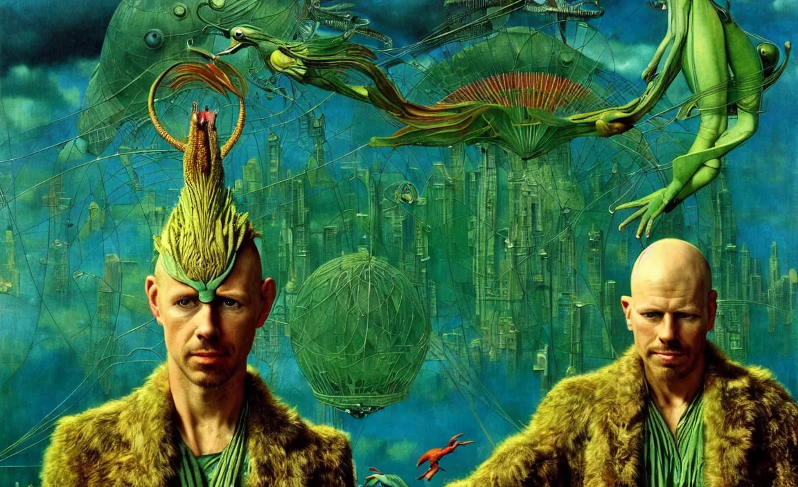 Image similar to realistic detailed portrait movie shot of a birdman wearing green leather coat, sci fi city landscape background by denis villeneuve, amano, yves tanguy, alphonse mucha, ernst haeckel, max ernst, roger dean, masterpiece, rich moody colours, blue eyes, occult