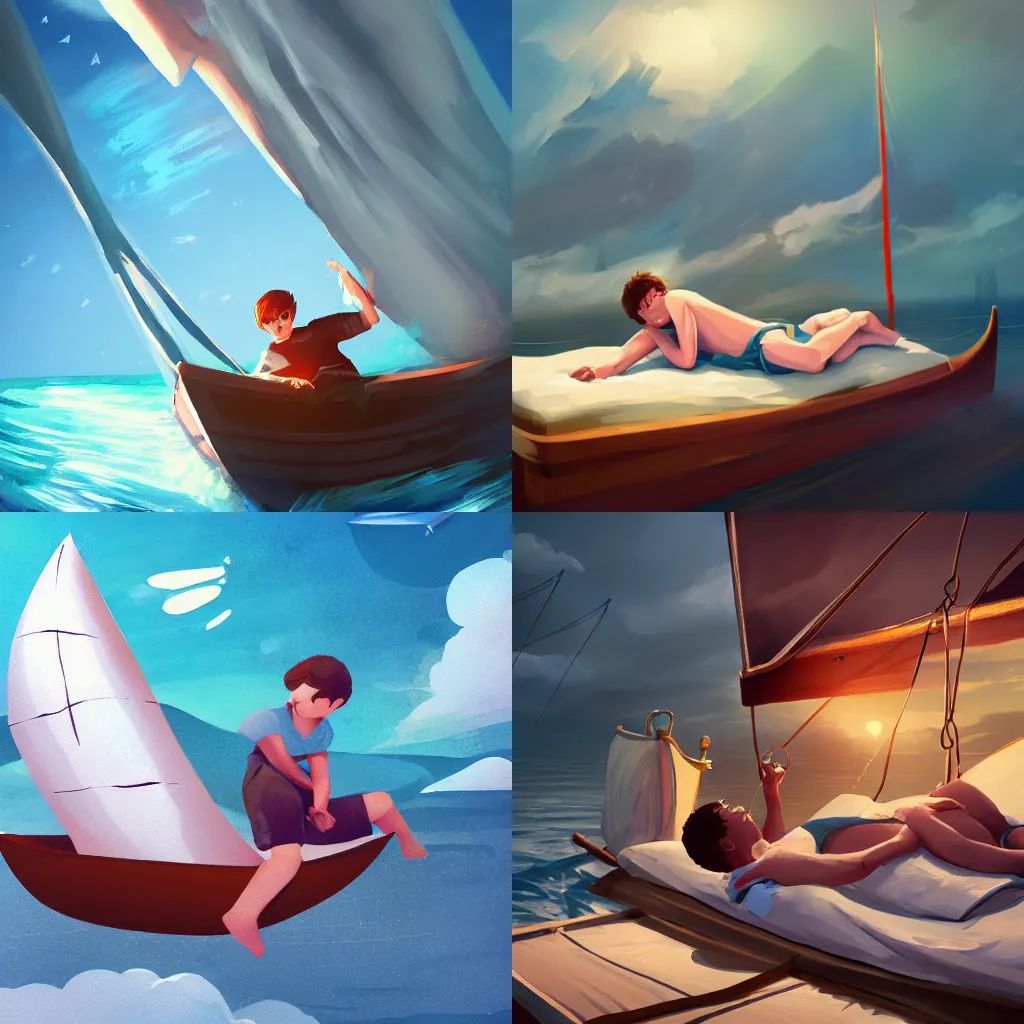 Prompt: Boy is lying on the bed and dreaming about sailing,dreams, featured on artstation, high-quality, concept art