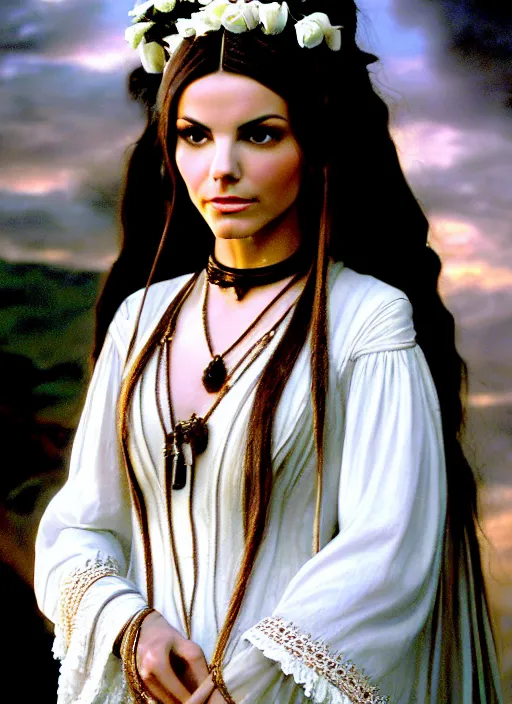 Image similar to film still from an Italian historical Western film of a Victoria Justice as the goddess of white roses . ultra detailed painting at 16K resolution and amazingly epic visuals. epically beautiful image. amazing effect, image looks gorgeously crisp as far as it's visual fidelity goes, absolutely outstanding. vivid clarity. ultra. iridescent. mind-breaking. mega-beautiful pencil shadowing. beautiful face. Ultra High Definition. godly shading. amazingly crisp sharpness. photorealistic film cel processed twice..