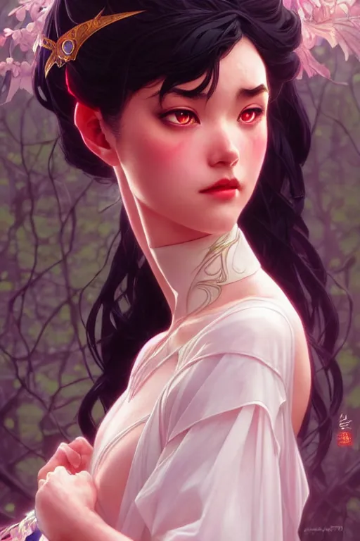 Image similar to Rei Hino as a princess, fantasy, intricate, elegant, highly detailed, digital painting, artstation, concept art, matte, sharp focus, illustration, art by Artgerm and Greg Rutkowski and Alphonse Mucha