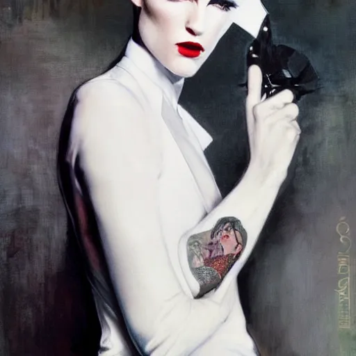 Image similar to pleasing portrait of androgynous ruby rose as desire from sandman in a white tuxedo!!!, rockabilly style,, by alphonse mucha, by jeremy mann, by peter lindbergh, dave mckean, by frank moth, white suit and black tie, soft lightning, high detailed, 8 k