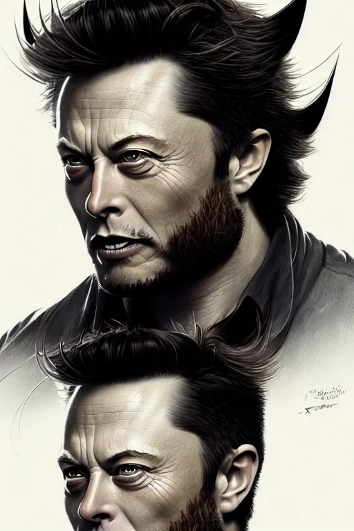 Image similar to elon musk as wolverine, realistic portrait, symmetrical, highly detailed, digital painting, artstation, concept art, smooth, sharp focus, illustration, cinematic lighting, art by artgerm and greg rutkowski and alphonse mucha