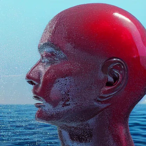 Prompt: a giant human head sculpture in the sea made out of juicy and transparent red jelly, in the style of chad knight, long shot, hyper detailed, hyper realistic, ray tracing, 8 k resolution, sharp focus, realistic water, award winning
