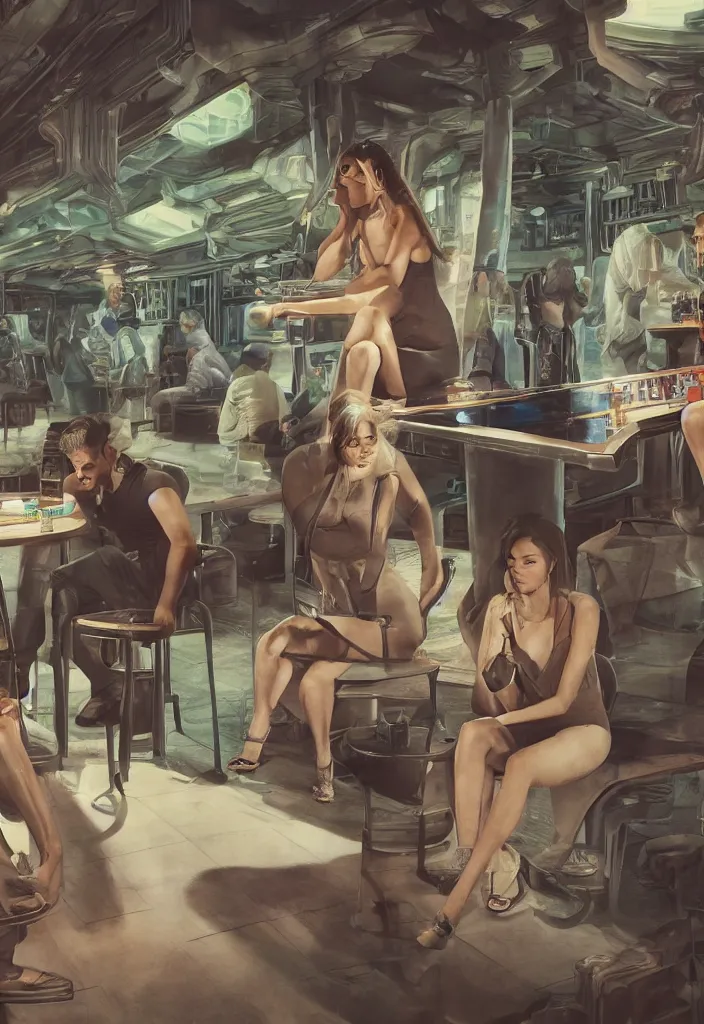 Image similar to men lost hope being looked by a girl from far away, futuristic cantina, sitting, men alone :: ultrarealistic, detailed, sharpen, 8k