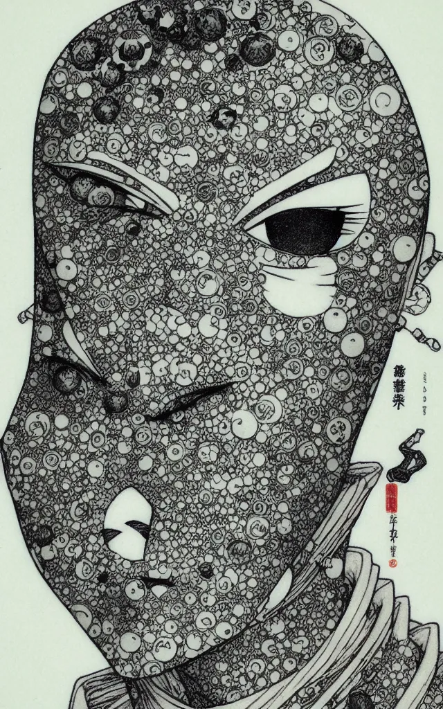 Image similar to prompt: Fragile looking face drawn by Takato Yamamoto, ceramic looking face, cyber parts, inspired by Naruto and Bandai Namco, clean ink detailed line drawing, intricate detail drawing, manga 1990