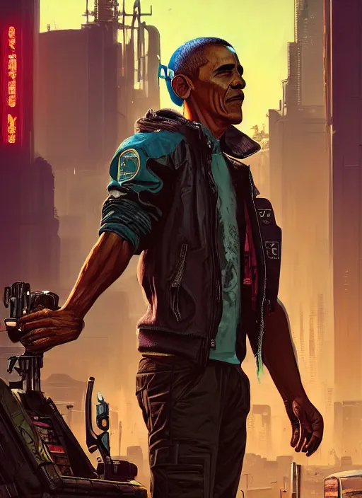 Image similar to portrait of Obama as a homeless character in Cyberpunk 2077, looking at camera, intricate, dystopian, sci-fi, extremely detailed, digital painting, artstation, concept art, smooth, sharp focus, illustration, intimidating lighting, incredible art by artgerm and greg rutkowski and alphonse mucha and simon stalenhag