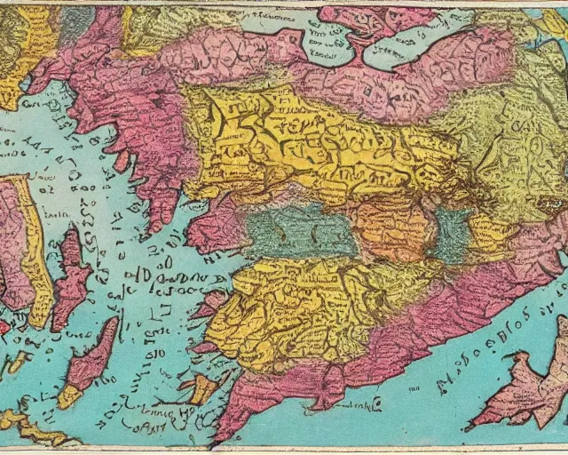 Image similar to highly detailed colourful ancient map of the united kingdom, flat earth model, beautiful caligraphy and notations, beautiful detailed illustrations, ancient lost artefacts, 3 5 mm film photo, maximalist,