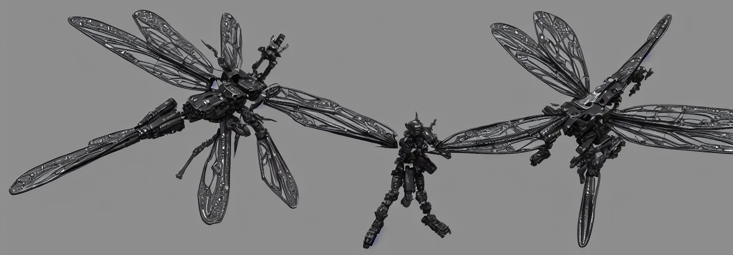 Image similar to symmetry!! a mechanized dragonfly with it's wings spread, gunmetal grey, top down view, very symmetrical, mecha, jet fighter, robotic, highly detailed, artstation, super realistic, unreal engine