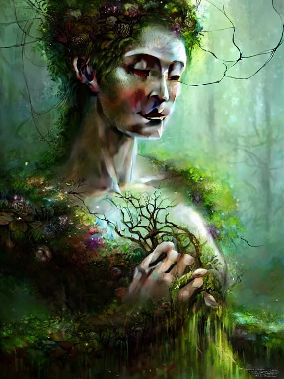 Image similar to Full View Portrait Mystical ethereal Forest deity wearing beautiful dress, vines tree bark moss Dryad made of forest beautiful dress, 4k digital masterpiece by Craig Mullins and Ruan Jia and Tom bagshaw, Alberto Seveso, fantasycore, Hyperdetailed, realistic oil on linen, soft lighting, kush background, featured on Artstation, textured, stylized, intricate details