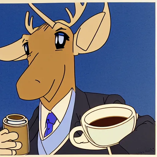 Prompt: anime animation cel of a moose in a suit and tie sipping coffee from a mug by miyazaki