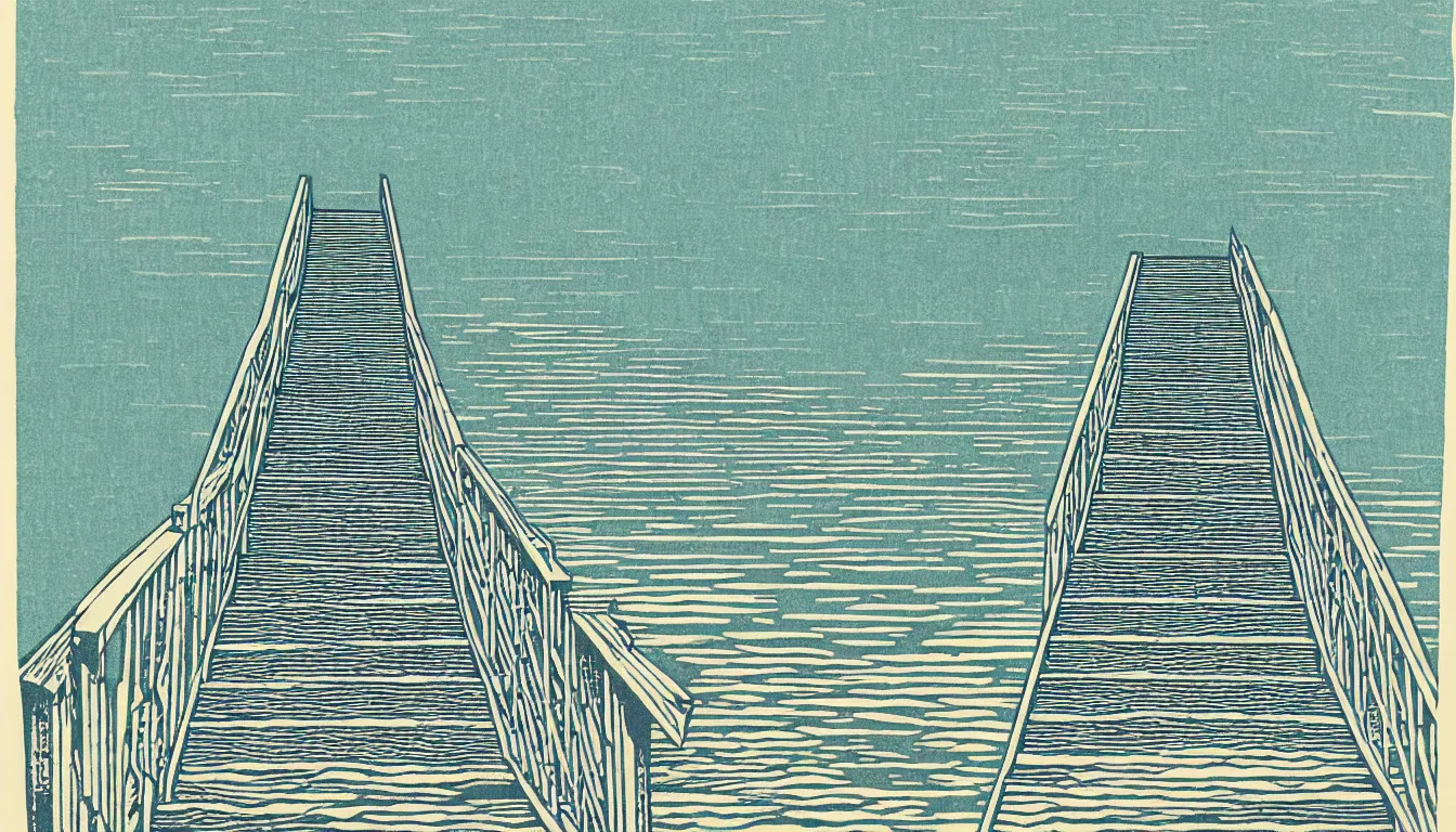 Prompt: stairs down to the ocean by woodblock print