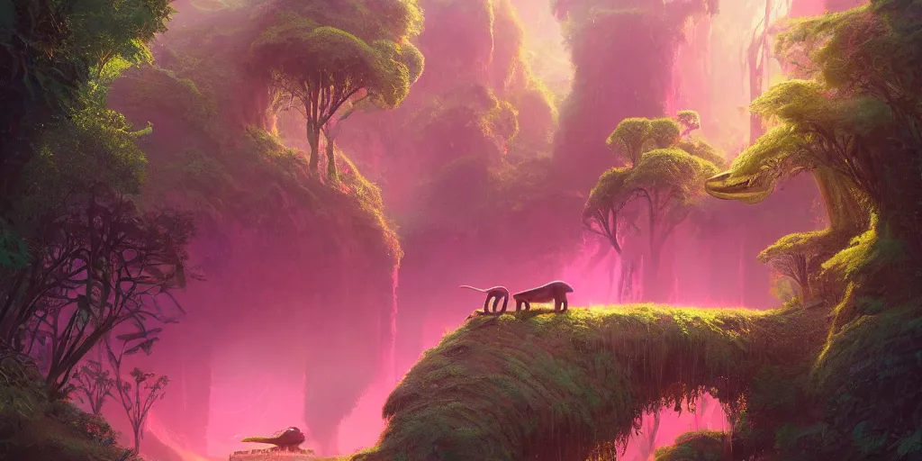 Prompt: glowing shining pink diplodocus, jungle landscape, broken down grey wall,, alena aenami, petros afshar, noah bradley, anton fadeev, anato finnstark, steve henderson, filip hodas, mark keathley, thomas kinkade, phil koch, gilbert williams, mike winkelmann, beeple