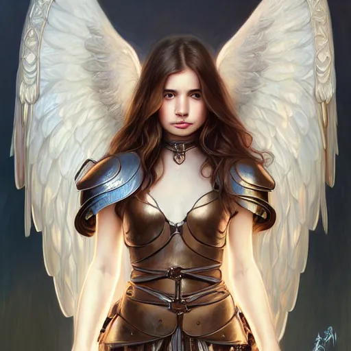 Prompt: portrait of young aasimar angel girl maiden wearing comfy leather armor with beautiful feathered angel wings, cute face, brown eyes, Alison Williams, Emma Roberts, by artgerm and greg rutkowski and alphonse mucha and andrei riabovitchev and Rossdraws and Bluesssatan and Mandy Jurgens and Stjepan Sejic, 4k oil on linen, vivid colors, colorful, photorealistic, high dynamic range, HDR, intricate, elegant, highly detailed, digital painting, artstation, concept art, smooth, sharp focus, illustration, mid-shot, medium shot, hyperdetailed