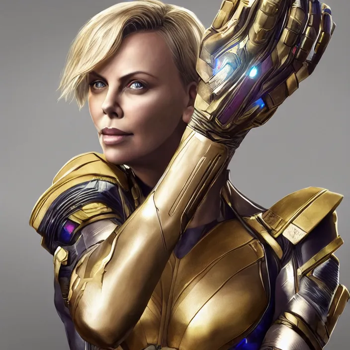 Image similar to portrait of Charlize Theron, wearing The Infinity Gauntlet. intricate artwork. octane render, trending on artstation, very coherent symmetrical artwork. avengers. thanos. cinematic, hyper realism, high detail, octane render, 8k, iridescent accents