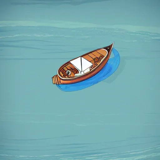 Prompt: top down view of a small boat in the middle of the ocean, with a giant sea monster swimming up underneath the boat, digital painting,