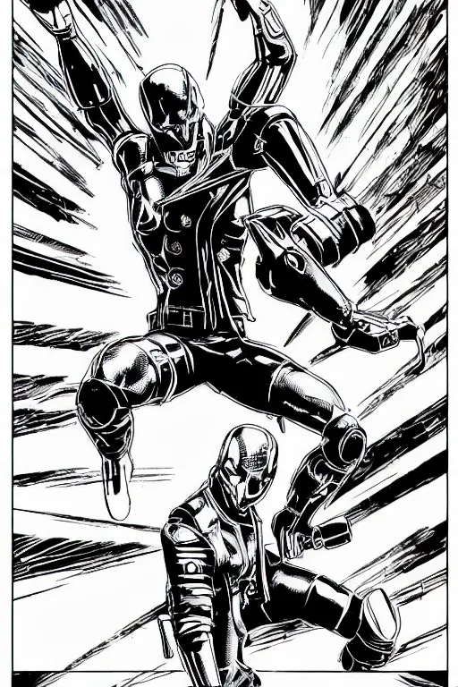 Image similar to ultron doing a high kick, a page from cyberpunk 2 0 2 0, style of paolo parente, style of mike jackson, adam smasher, johnny silverhand, 1 9 9 0 s comic book style, white background, ink drawing, black and white, colouring pages