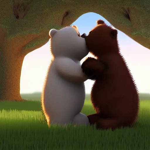 Prompt: cartoon bear and cat in love, cgi render