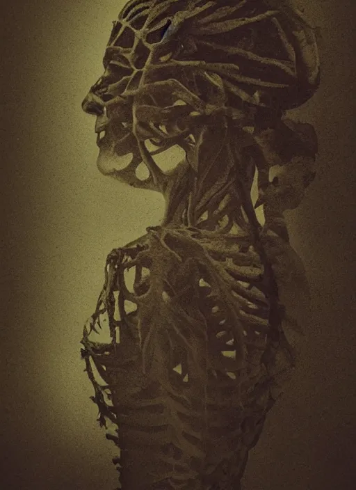 Prompt: a woman's face in profile, made of leaf skeleton, in the style of the dutch masters and gregory crewdson, dark and moody