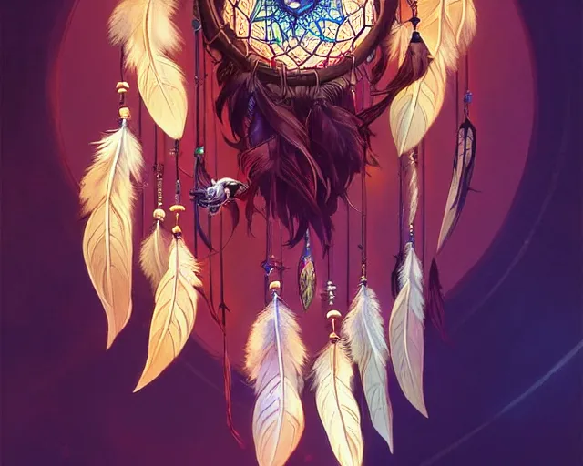 Image similar to dream catcher catching a dream, deep focus, d & d, fantasy, intricate, elegant, highly detailed, digital painting, artstation, concept art, matte, sharp focus, illustration, hearthstone, art by artgerm and greg rutkowski and alphonse mucha