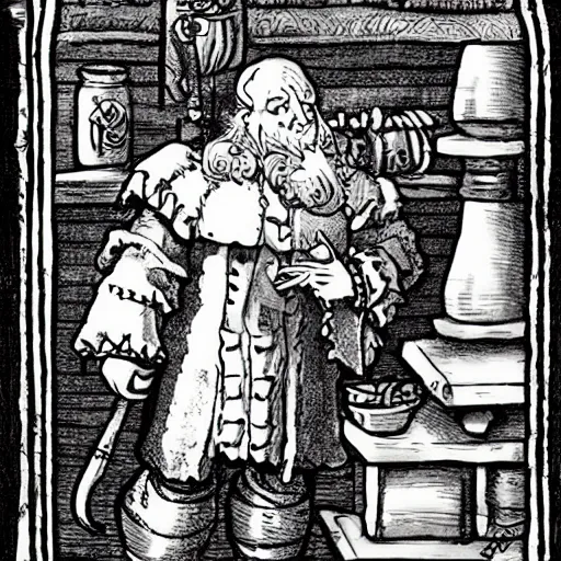 Prompt: a 17th-century alchemist who has 2 bubbling potion bottles in the style of Warhammer fantasy :: black and white, head and torso drawing, very high quality, concept art