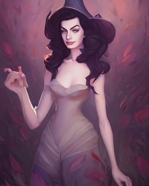 Image similar to a portrait of a beautiful full body Anne Hathaway witch, art by lois van baarle and loish and ross tran and rossdraws and sam yang and samdoesarts and artgerm, digital art, highly detailed, intricate, sharp focus, Trending on Artstation HQ, deviantart, unreal engine 5, 4K UHD image