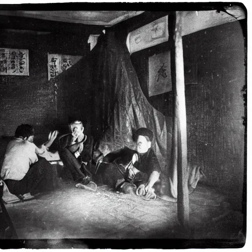 Image similar to people smoking opium in an opium den, monochrome film, dreamlike,