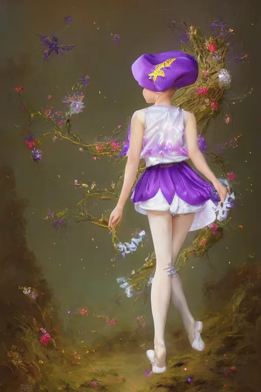 Image similar to Full View fairy maiden with short blond hair wearing an oversized purple Beret, Baggy Purple overall shorts, Short Puffy pants made of silk, silk shoes, a big billowy scarf, Golden Ribbon, and white leggings Covered in stars. covered in embroidery. Short Hair. peasant magic. Rhythmic gymnastics poses. masterpiece 4k digital illustration by Ruan Jia and Mandy Jurgens and Artgerm and william-adolphe bouguereau and greg rutkowski , award winning, Artstation, art nouveau aesthetic, Alphonse Mucha background, intricate details, realistic, panoramic view, Hyperdetailed, 8k resolution, intricate art nouveau