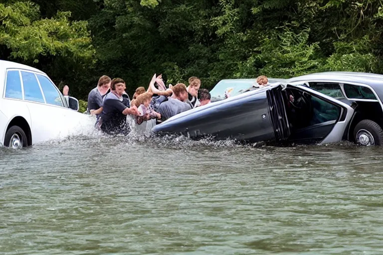 Image similar to Group of teenagers push Rolls-Royce into lake from small slide