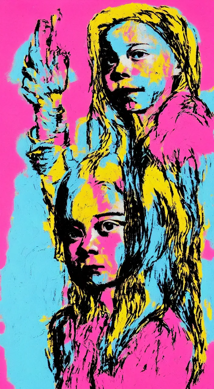 Prompt: portrait of greta thunberg. hommage to andy warhol and jean - michel basquiat by ai weiwei