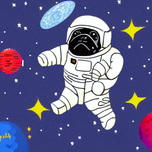 Image similar to pixel art, highly detailed, astronaut pug in space.