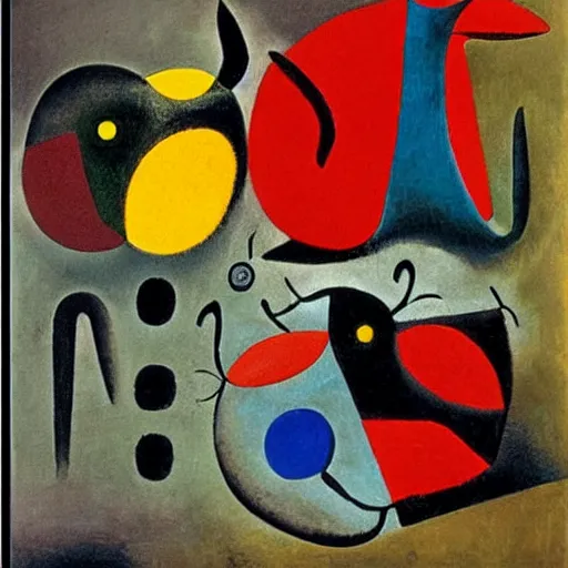Image similar to Oil painting by Rufino Tamayo. Mechanical gods with bird faces kissing. Oil painting by Joan Miro.