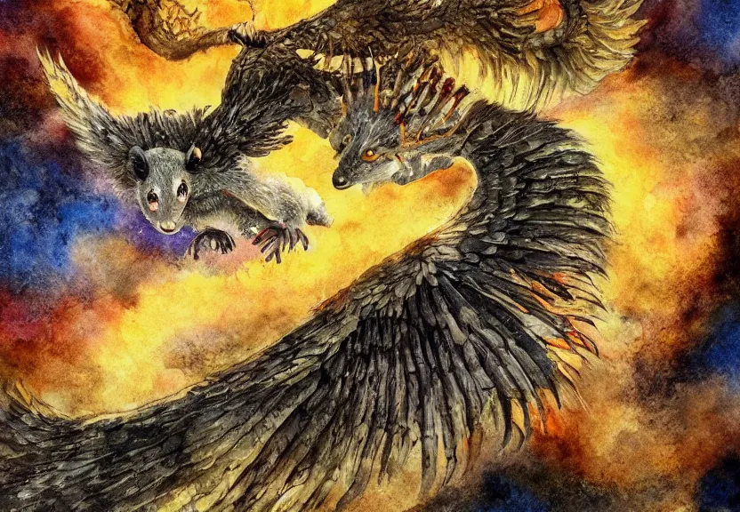 Prompt: legendary fire winged possum flying over a medieval castle under the dark starred sky, dark fantasy, watercolor, dreaming illusion, highly detailed, 4k, trending on Artstation, award-winning