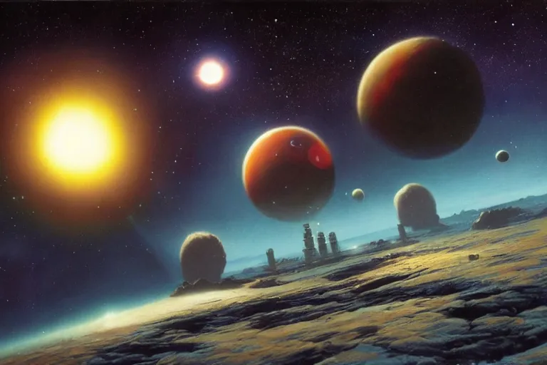 Prompt: earth-like exoplanet, cinematic, nebulas, Chris Foss