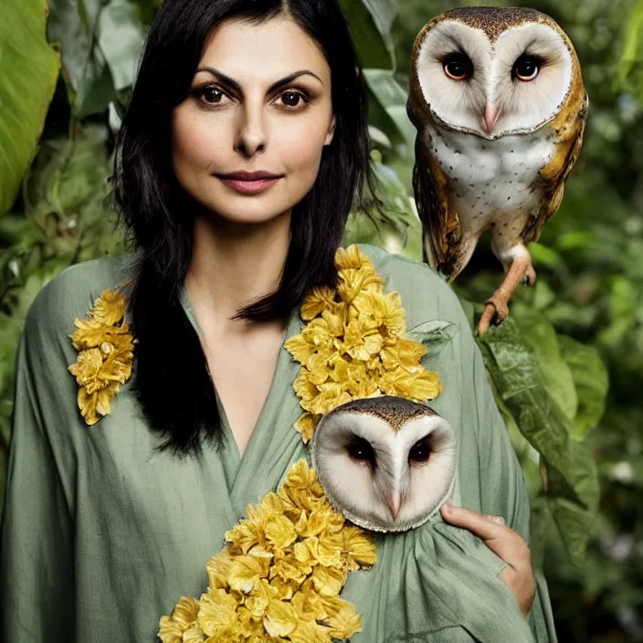 Prompt: portrait photograph of an extremely beautiful!!!! Morena Baccarin , symmetric face!, symmetric round detailed eyes!!, slight smile, natural light, wearing a yellow kimono!! with a very detailed barn owl! on her shoulder in a tropical greenhouse. looking at the camera!!. super resolution. Extremely detailed. Graflex camera!, bokeh!!!!!. art by alphonse mucha