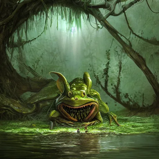 Image similar to an amphibian goblin in a swamp, digital art, matte painting, fantasy art, 8 k, trending on artstation, ultra detailed