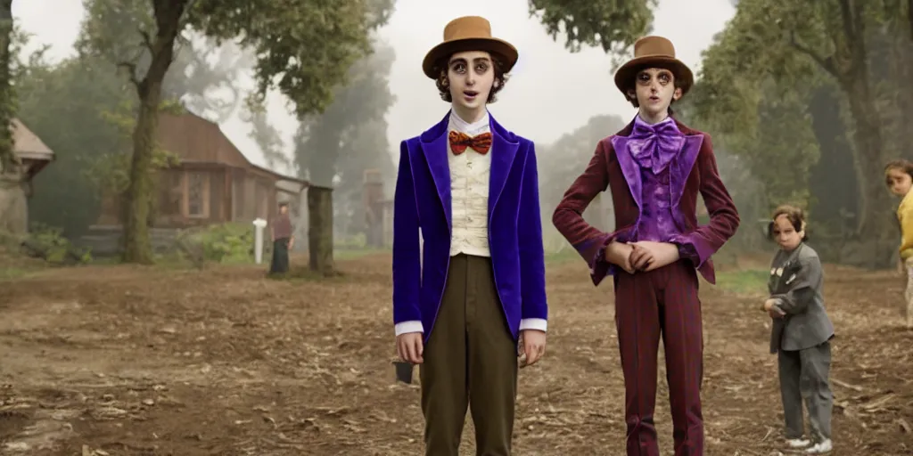 Image similar to film still of Timothée Chalamet as Willy Wonka in new Willy Wonka movie, 4k