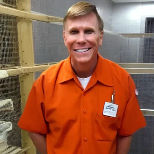 Prompt: pastor kent hovind in orange prison uniform, smiling, still from orange is the new black