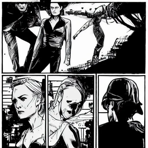 Prompt: in the style of Rafael Albuquerque comic art, Diane Kruger nervous because she\'s being followed.