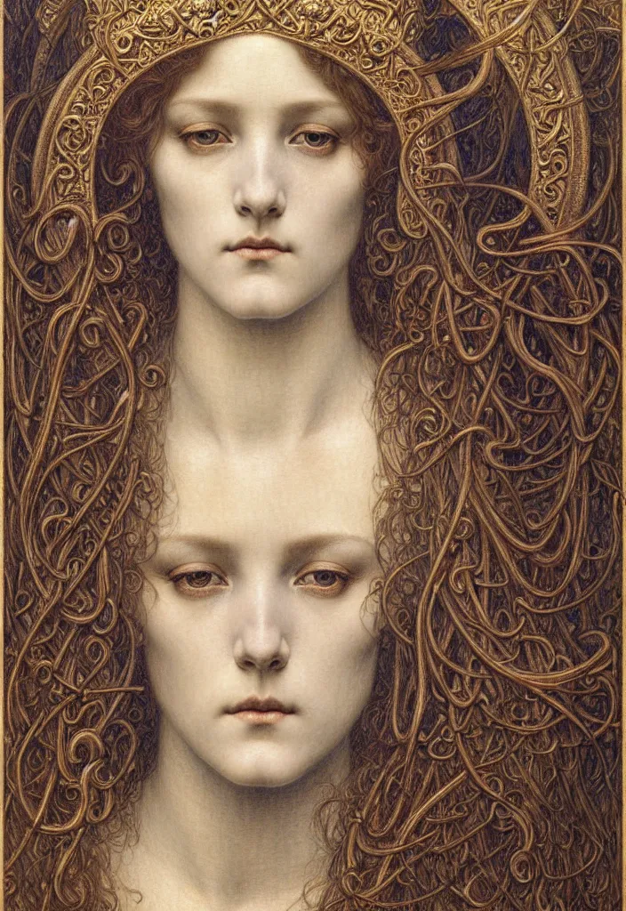 Image similar to detailed realistic beautiful young medieval queen face portrait by jean delville, gustave dore and marco mazzoni, art nouveau, symbolist, visionary, gothic, pre - raphaelite. horizontal symmetry