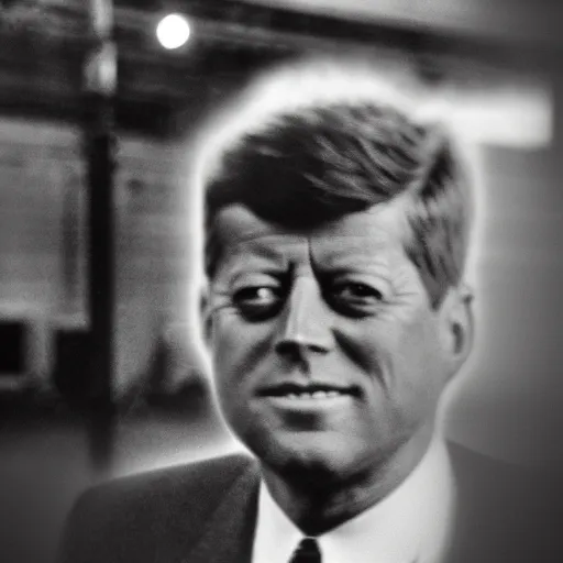 Image similar to photo, close up, john f kennedy in a hi vis vest, in warehouse, android cameraphone, 2 6 mm,