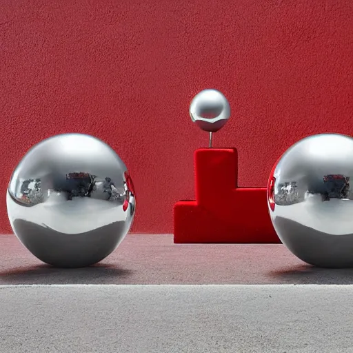 Prompt: chrome spheres on a red cube by guerrino boatto