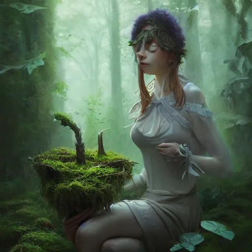 Prompt: Portrait beautiful witch forest moss plants, 4k, oil on linen, by wlop, artgerm, andrei riabovitchev, nuri iyem, james gurney, james jean, greg rutkowski, highly detailed, soft lighting, 8k resolution, oil on canvas