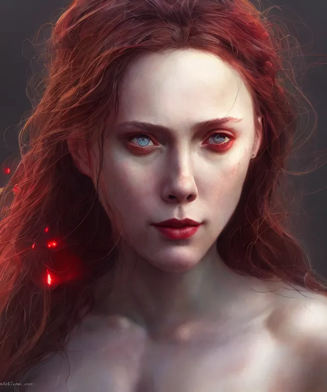 Image similar to Scarlet Witch, au naturel, portrait, full body, hyper detailed, digital art, trending in artstation, cinematic lighting, studio quality, smooth render, unreal engine 5 rendered, octane rendered, art style by klimt and nixeu and ian sprigger and wlop and krenz cushart