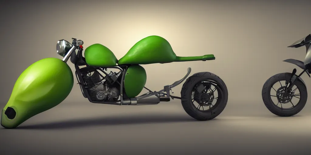 Image similar to a motorbike in the shape an avocado!, vehicle concept photo!!, 8k!!,amazing quality!!! Unreal engine 5!!! Studio lighting!!! Cinema 4D!! Parking garage lighting! Real life picture!!