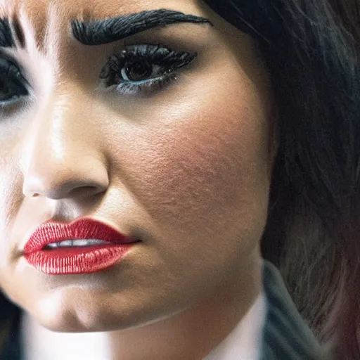 Image similar to close-up of Demi Lovato as a detective in a movie directed by Christopher Nolan, movie still frame, promotional image, imax 70 mm footage