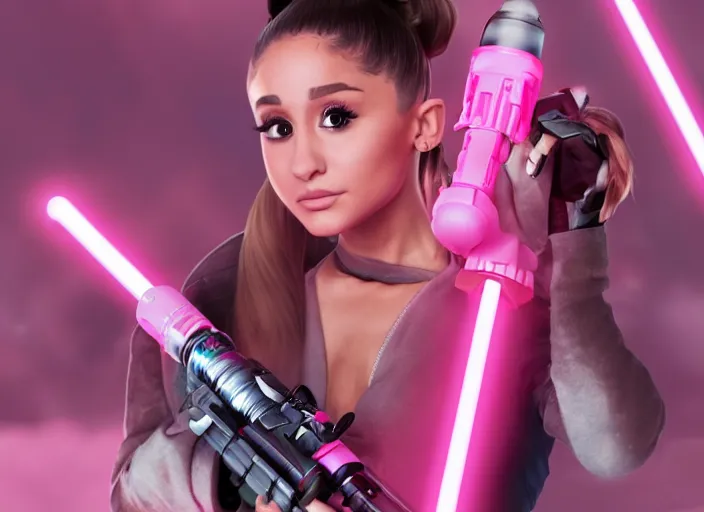 Image similar to An extremely detailed photo of Ariana Grande in the Star Wars universe with two pink lightsabers held in each hand. Maximum detail on artstation, photo realism, vivd details, vivd colour, volumetric lighting. anime art style