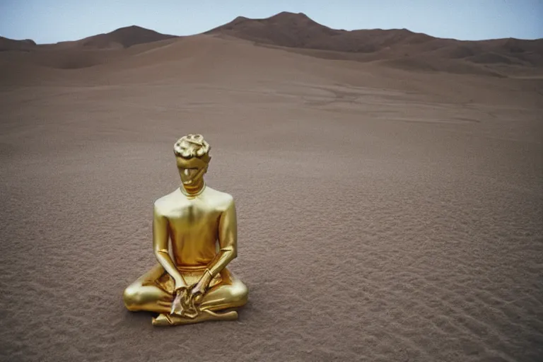 Image similar to Golden statue of Yung Lean in the middle of the Gobi Desert, award-winning photo, 35mm film