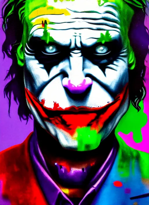 Prompt: abstract portrait of the joker in gears of war, city in the background, the joker 2 0 1 9, studio lightning, rule of thirds, face symmetry, colourful spray paint splatters, expressive, fine art, by pablo ruiz picasso, correct body proportion, pablo ruiz picasso style