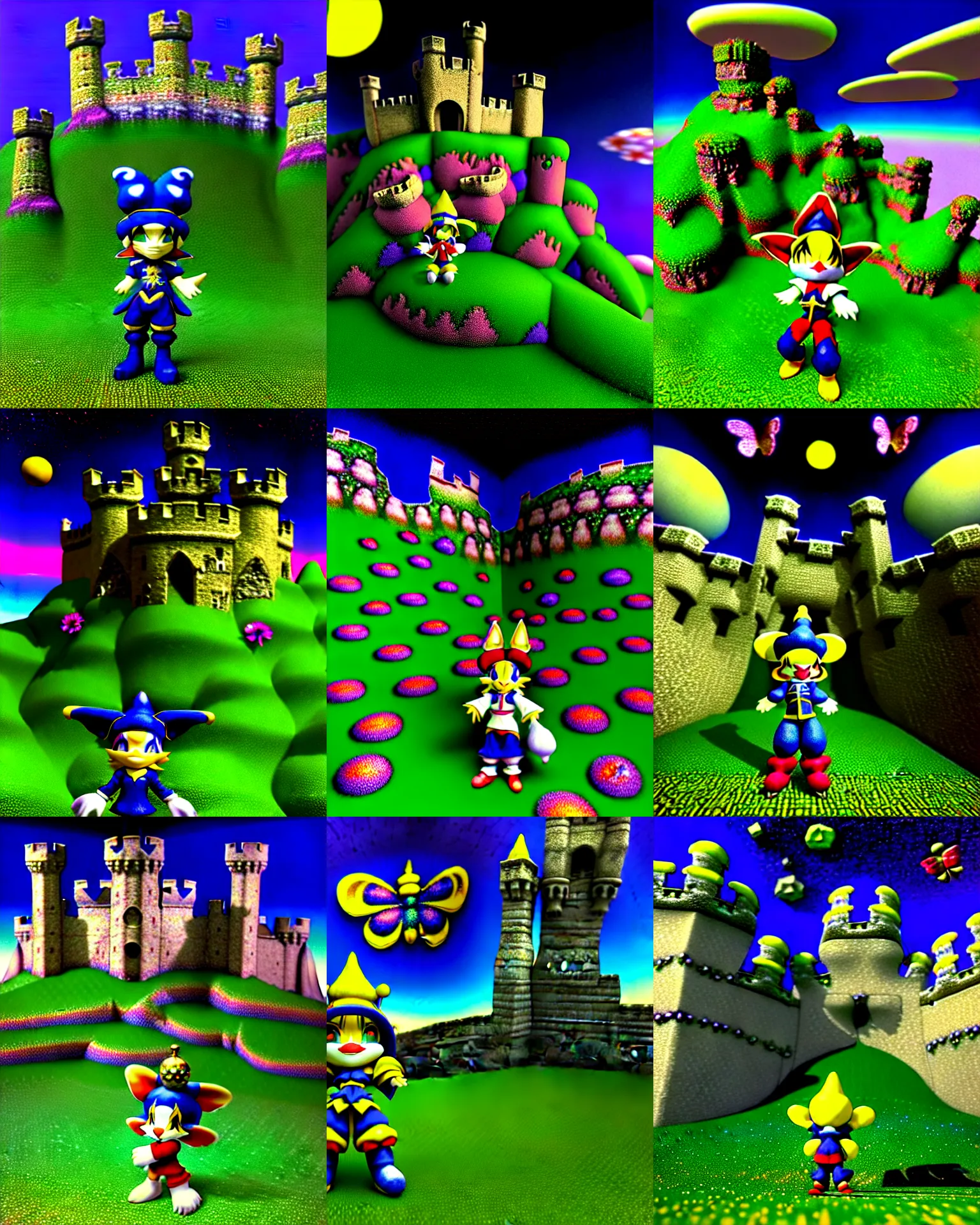 Prompt: 3 d render of chibi medieval jester klonoa standing in raytraced mountain landscape with castle ruins against a psychedelic surreal background with 3 d butterflies and 3 d flowers n the style of 1 9 9 0's cg graphics against the cloudy night sky, lsd dream emulator psx, 3 d rendered y 2 k aesthetic by ichiro tanida, 3 do magazine, wide shot
