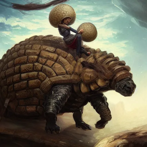 Prompt: yanonami riding a glyptodon, greg rutkowski, fantasy, intricate, elegant, highly detailed, digital painting, artstation, concept art, long shot, cinematic lighting